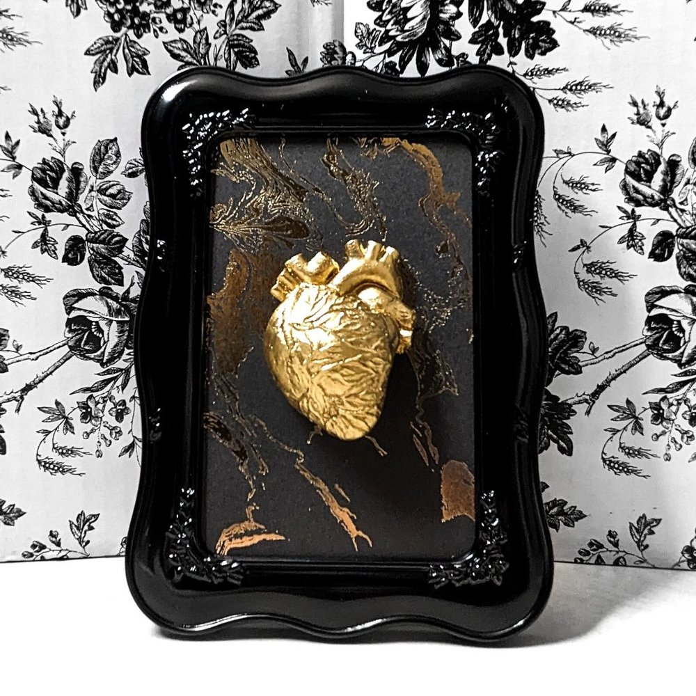 Framed 3D Anatomical Heart on Black/Gold Marble • Gothic Macabre Luxury Décor